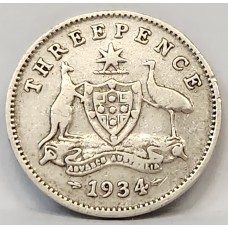 AUSTRALIA 1934/3 . THREEPENCE . VARIETY . OVERDATE